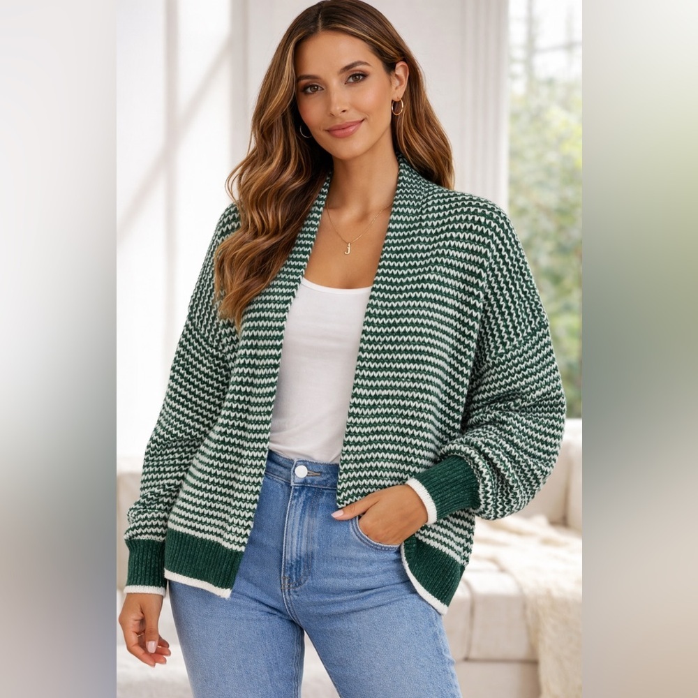 381. Green Striped Open-Front Cardigan Sweater